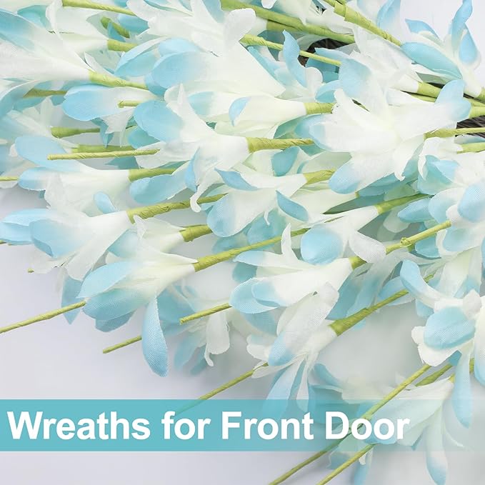 Large Summer Spring Wreaths for Front Door 26 Inch Spring Summer Door Wreath Easter Wreaths for Front Door Wild Floral Wreath for Farmhouse Porch Wall Wedding Living Room Home Decor Aesthetic(Blue)