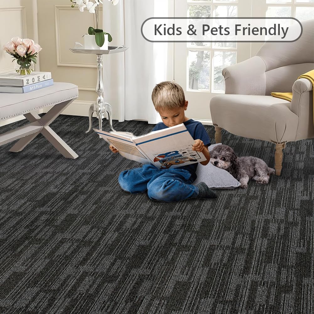 GL Carpet Tiles Reusable 24" x 24" Squares Indoor/Outdoor 0.25" Pile Height Loop Pile, Non Slip Easy DIY Installation Peel and Stick Carpet Tile, (18 Tiles) (72 sqft/Box) (Gray)