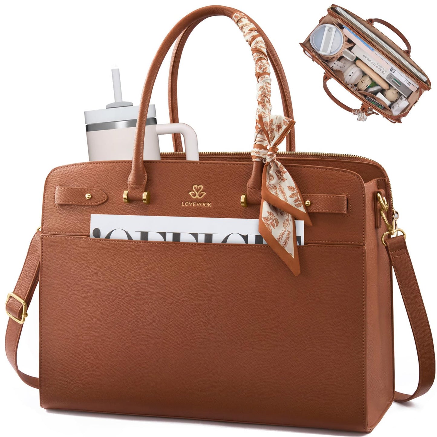 LOVEVOOK Laptop Tote Bag for Women, 17.3 Inch PU Leather Work Bag Waterproof Computer Briefcase Handbag for Teacher Business Office with Silk Scarf, Deep Brown-1