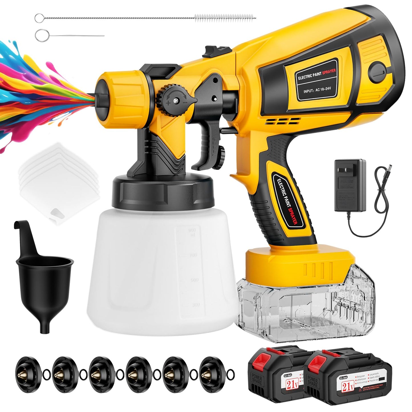 Paint Sprayer, Cordless Spray Paint Gun with 2 Batteries, 6 Brass Nozzles, Electric Paint Sprayer for House Painting Graffiti Wall Fence Furniture