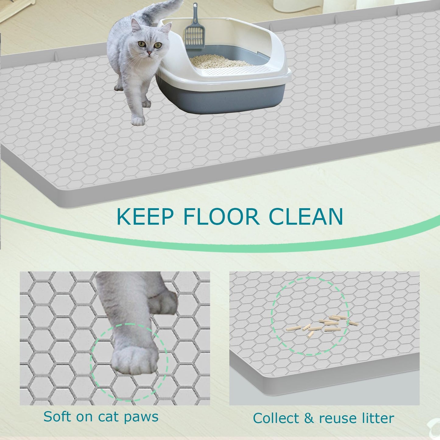 JSXZWOO Cat Litter Mat for Litter Box, Silicone Large Cat Litter Trapping Mat - 25x19 in, Waterproof & Non-Slip, Durable & Easy Clean, Light Grey