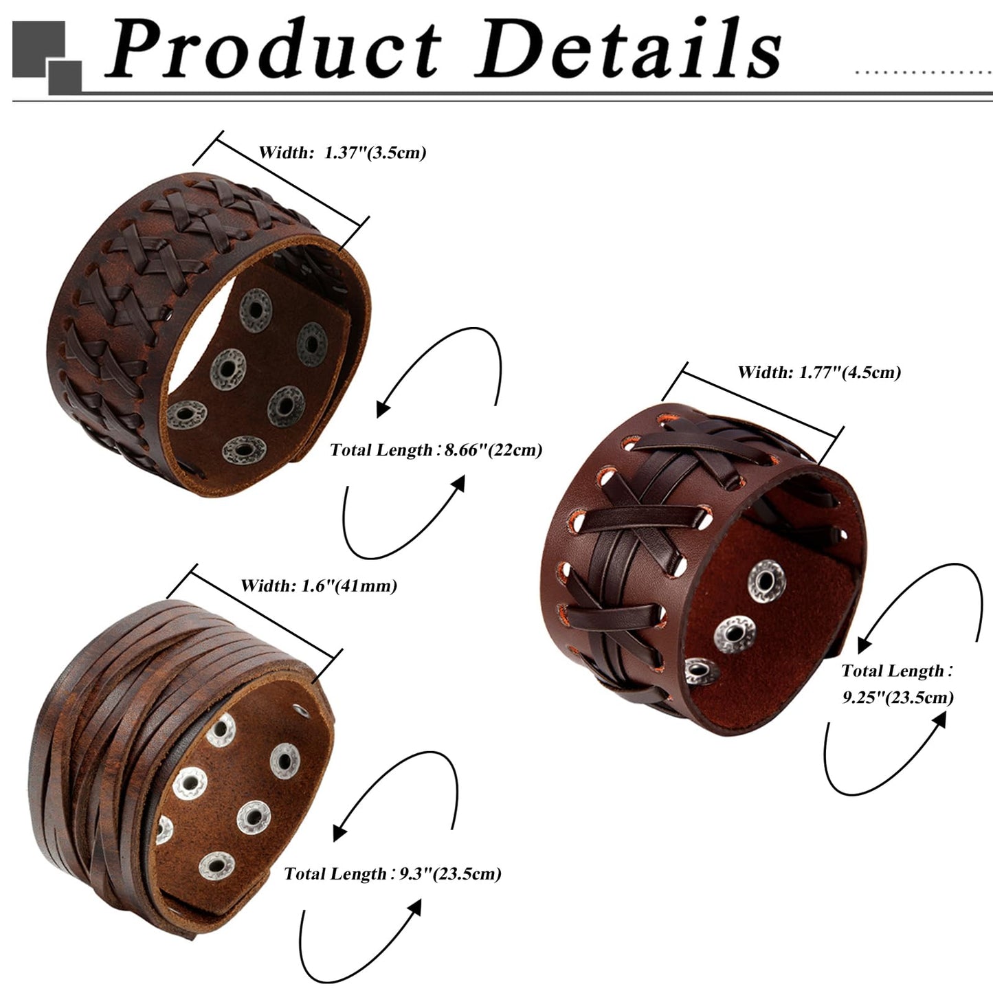 OIDEA Assorted 3pcs Mens Punk Multistrand Leather Braided Bangle Cuff Bracelet for Biker Dad Father, Size Adjustable,Brown