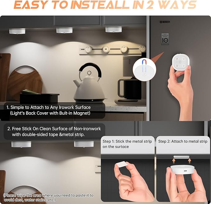 6PCS Motion Sensor Step Light, Rechargeable Puck Lights, Stair Lights Indoor with 3 Colors Temper, Magnet Stick on Light for Closet, Hallway, Stairway, Bathroom, Bedroom, Kitchen