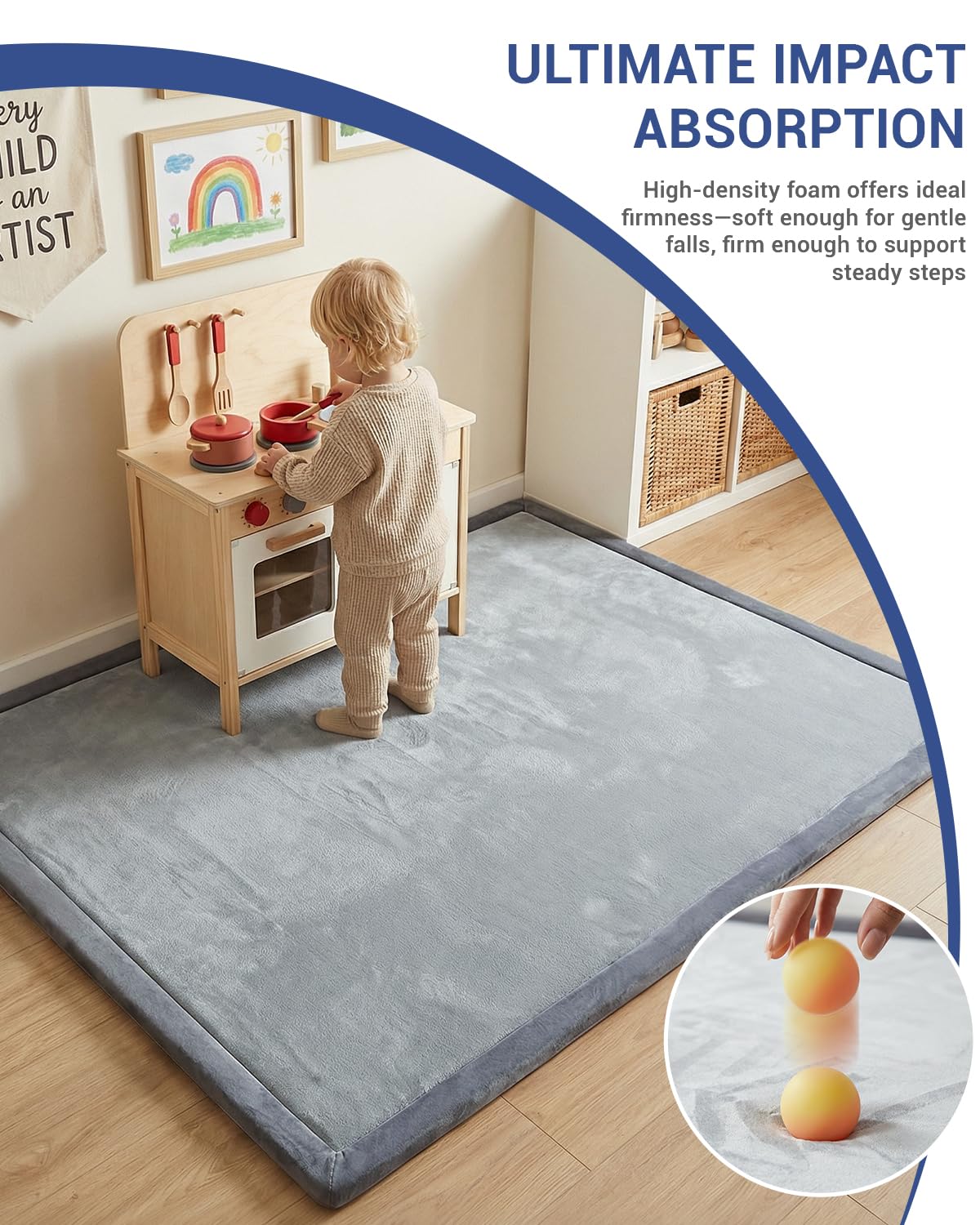 Baby Play Mat for Floor,1.3" Thick 47x47 Play Mat for Playpen,Tummy Time Foam Mats,Plush Soft Padded Playmate for Babies 6-12 Months Crawling,Non-Slip Nursery Rug for Toddler Kids Playroom(Grey)
