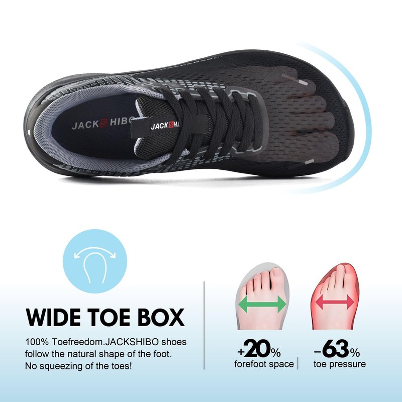 JACKSHIBO Wide Toe Box Shoes for Men Arch Support Shoes Wide Width Sneakers for Running Walking Athletic Tennis Orthopedic Plantar Fasciitis Workout with Thick Cushioned Zero Drop Sole Black