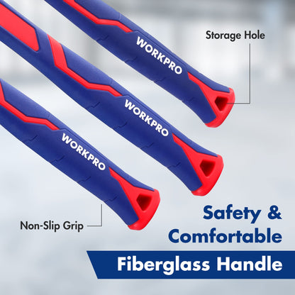WORKPRO 5-Piece forge/Polish Steel Head, Fiberglass Handle Set - 32oz Rubber Mallet | 16oz Claw & Ball-Peen Hammers | 3lb Sledge | 22oz Double-Faced Mallet