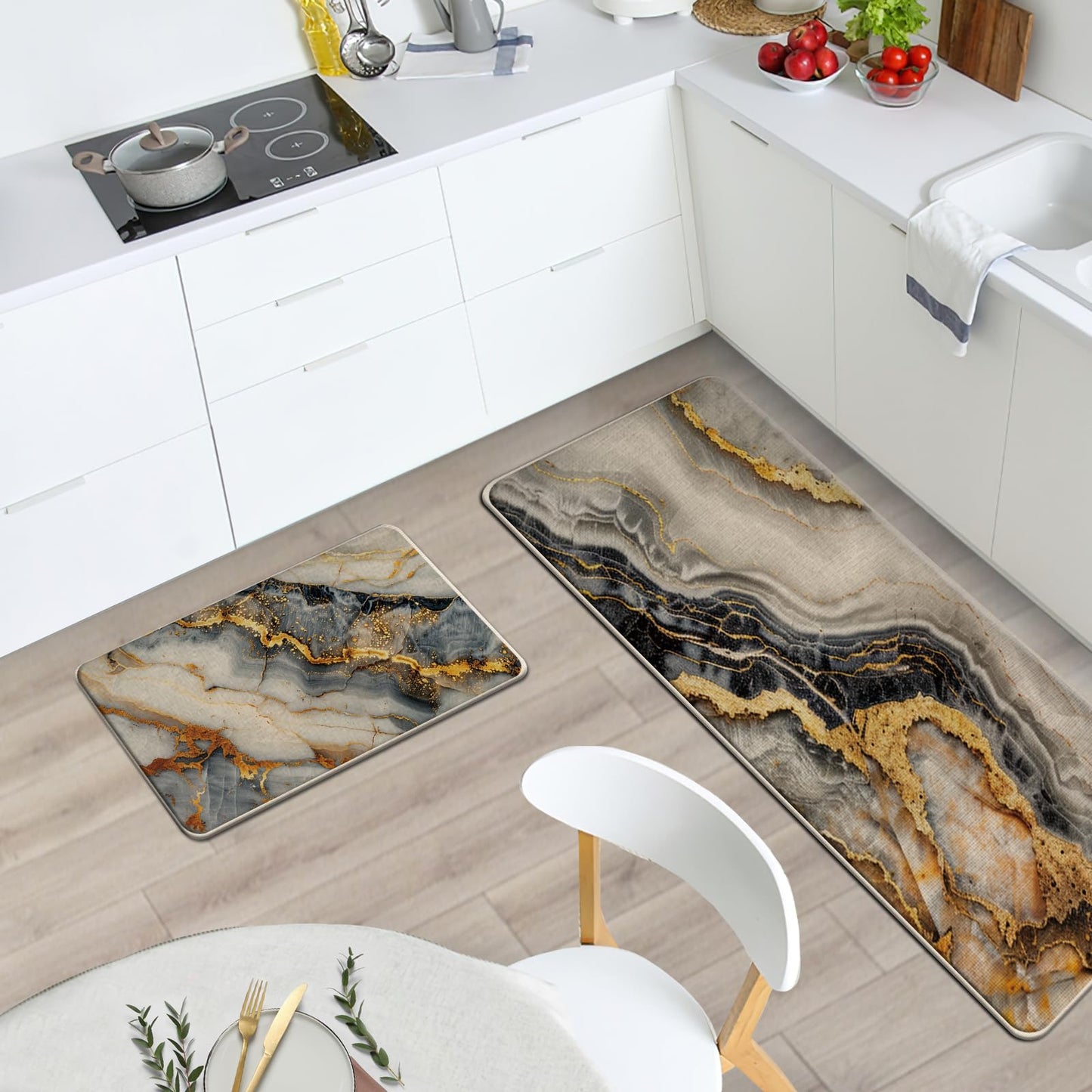 Livcoz Black White Gold Marble Texture Kitchen Rugs Set of 2, Modern Abstract Fluid Art Floor Mats Home Decor, Luxury Stone Door Mat Decorations - 17x29 and 17x47 Inches
