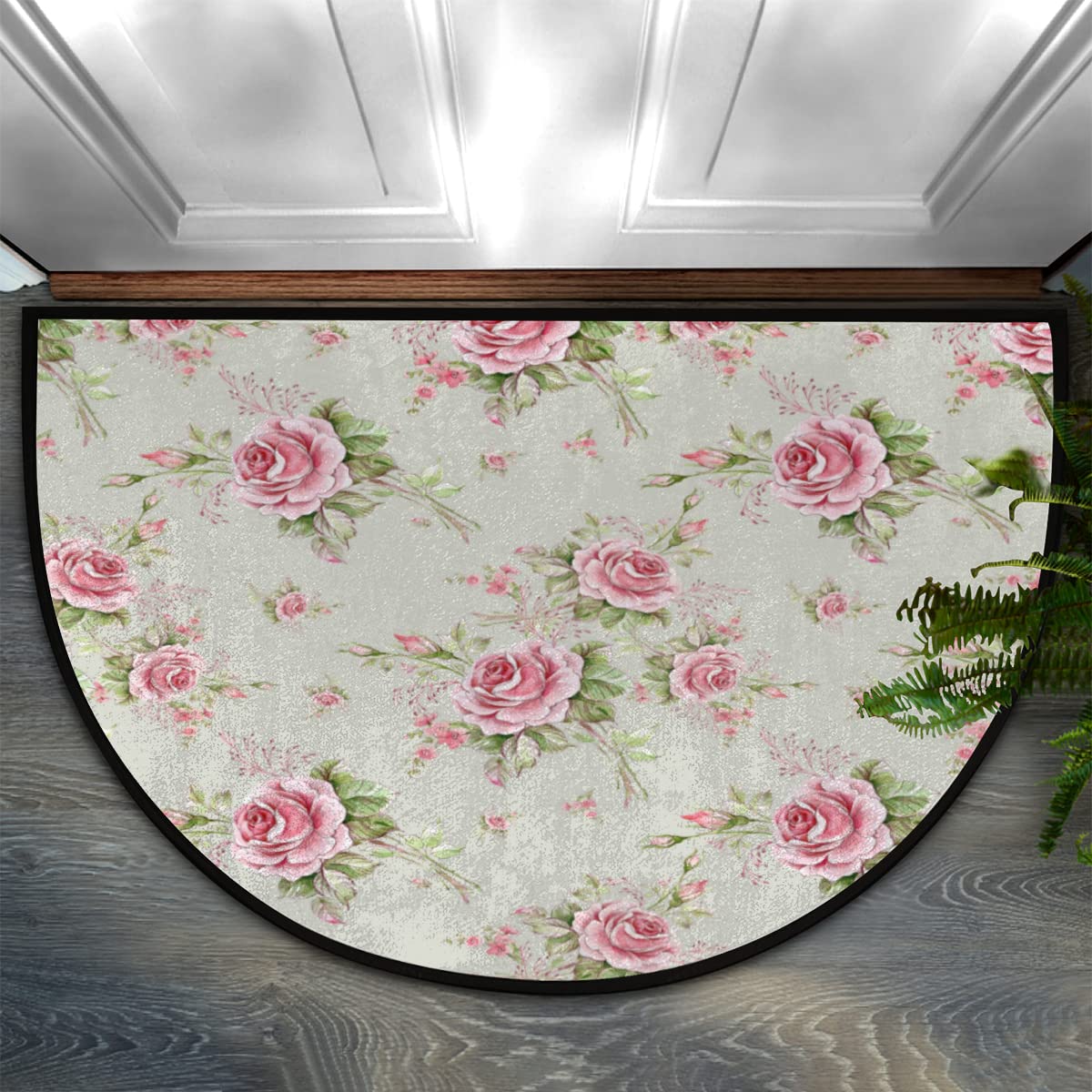 Apular 30X18 Inch Half Round Door Mat Floral Flower Rose Pattern Half Circle Rug Indoor Anti-Skid Semi Circle Doormat Entrance Floor Rug for Bathroom Kitchen Living Room Area Rugs 24 * 36in