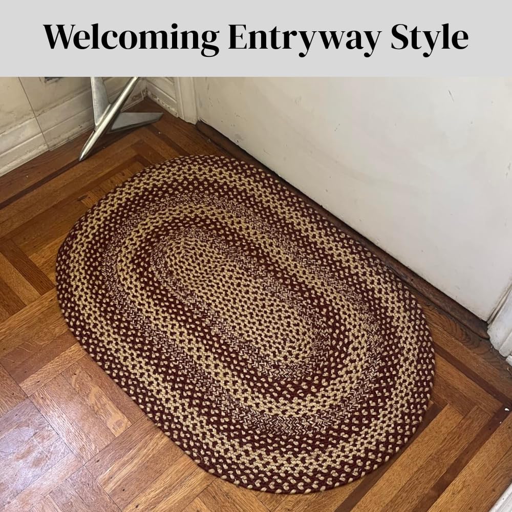 Rugance Rustic Trails 2x3' Oval Braided Rugs – Burgundy & Tan Rustic Braided Kitchen Rug, Primitive Entry Mat, Farmhouse Country Jute Décor
