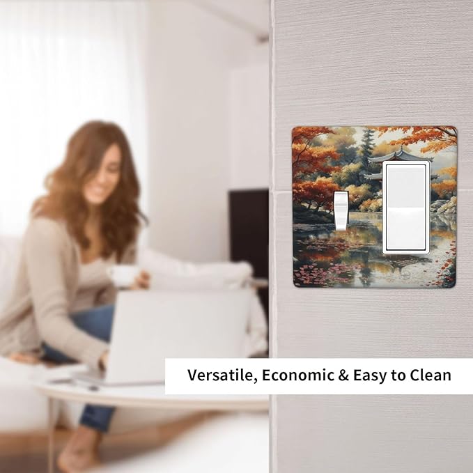 Decorative Art Light Switch Covers Lake & Pagoda in Fall 2 Gang Single Toggle Rocker Combination Electrical Faceplate Switchplate Wall Plate for Home Decor