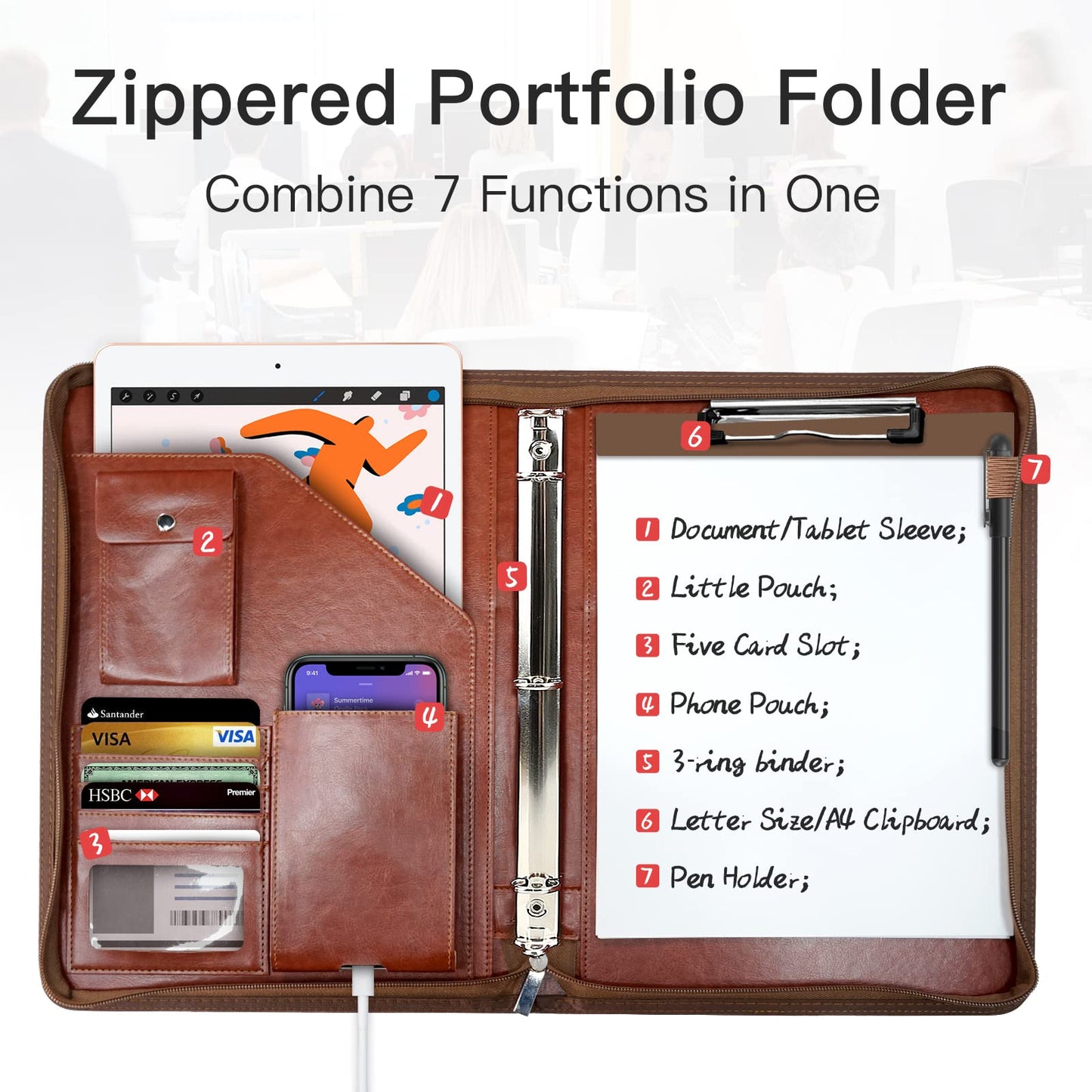 Zippered Portfolio Organizer, WRIYES Leather Padfolio with 3 Ring Binder, Professional Business Binder, Organizer for IPad/Document, Phone & Business Cards, Office Gifts for Men or Women (Brown)