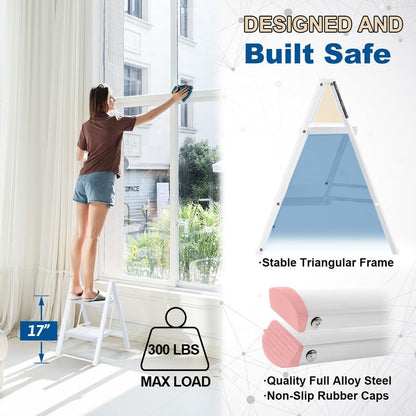 Double Elite Step Ladder 2 Step Folding, Sturdy 330 Lbs Load Step Stool for Adults, Safer Full Steel Kitchen Closet Ladder for Home, Multi-use Small Step Stool Ladder with Anti-Slip Wide Pedals, White