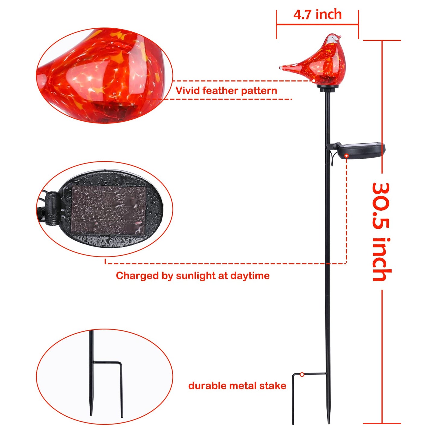 Afirst Solar Outdoor Lights - Decorative Solar Stake Lights Cardinal Handblown Glass Garden Stakes, Waterproof for Pathway Decoration, 2 Pack