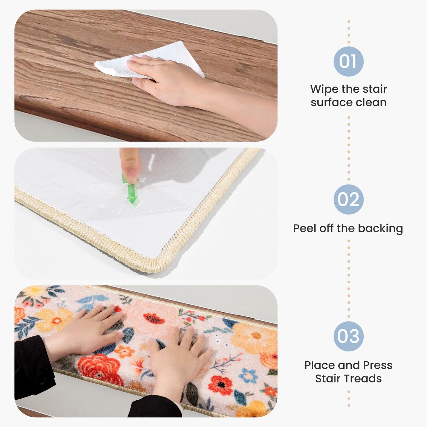 RORA Bullnose Stair Treads for Wooden Steps,Non-Slip Peel and Stick Stair treads Stair Carpet for Indoor Runner and Pets,Floral Stair Rugs,Soft Washable Staircase 7pcs 29.5 ''x9.5 ''x1.5 ''