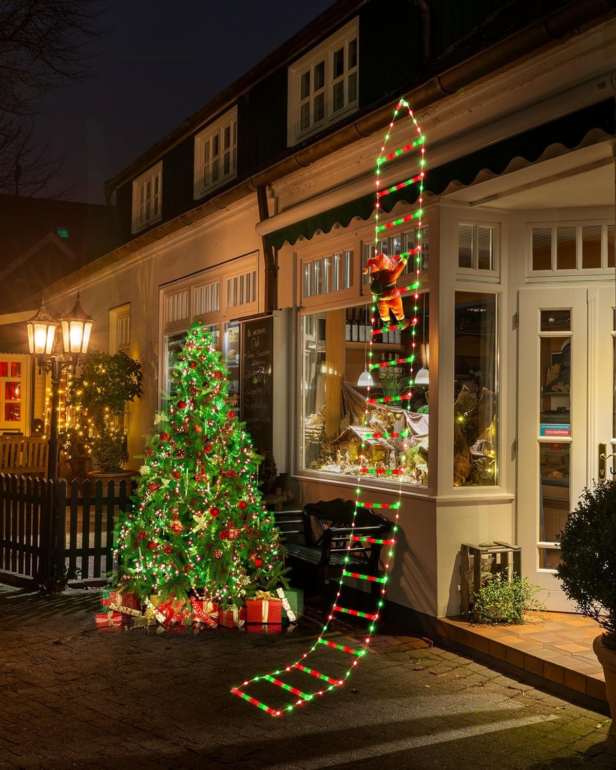 Christmas Decorations LED Ladder Lights with Climbing Santa Claus, 10ft Outdoor Christmas Decorative Light - 8 Modes Xmas Lights Tree for Home Holiday Wall Window Xmas Decor (Red & Green)
