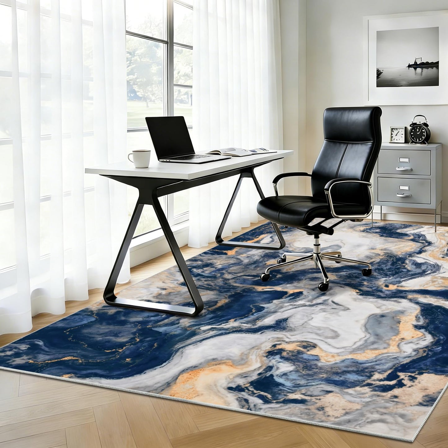 Yinhua Marble Rug 5x7, Blue and Gold Washable Rug Non Slip, Soft Faux Wool Modern Rugs Non Shedding, Low Pile Abstract Area Rugs Non Skid, Stain Resistant Floor Carpet for Living Room Bedroom Office