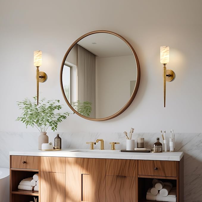 Alabaster Wall Sconce, 22in Modern Spanish Natural Marble Bathroom Vanity Sconces, Unique Indoor Brass Wall Lighting,Gold Fixtures Decor for Bedroom Living Room Staircases