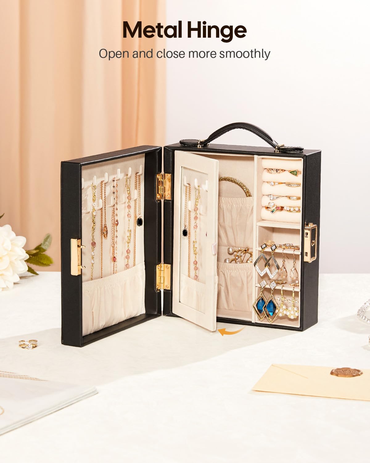 Enthralite Large Travel Jewelry Case: Portable Jewelry Box with Mirror - PU Leather Small Jewelry Organizer for Rings Earrings Necklaces Bracelets - Birthday Gift for Her - Jewelry Storage
