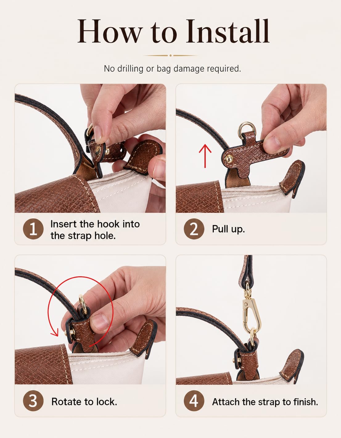ATSEKTZ Purse Organizer Insert & Leather Strap Conversion Kit Set, Compatible with Longchamp Le Pliage Mini Bag – Felt Inner Liner & Adjustable Shoulder Strap, Beige