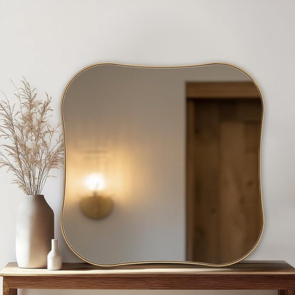 ANDY STAR 24"x24" Brushed Brass Square Mirror, Gold Scalloped Mirror with Unique Notched Edges Design in 1 Inch Stainless Steel Metal Frame for Home Bathroom Wall Mounted
