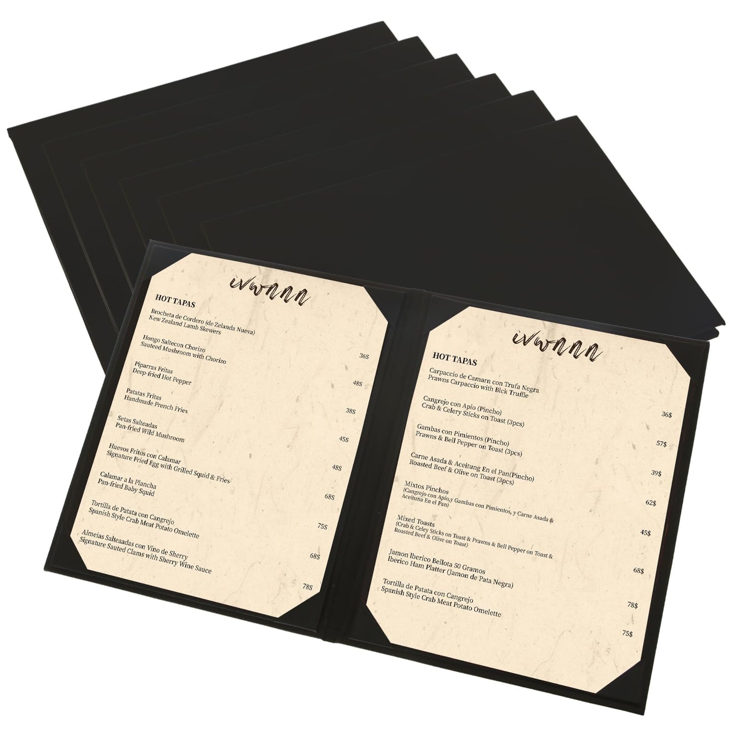 IVWNNN 8.5'' x 11'' Menu Covers 6 Pack Black PU Leather Menu Holders Book Style with Angled Corners Double View Menu Sleeves Easy-Insert Design Waterproof for Bar Cafe Restaurant Menu Covers