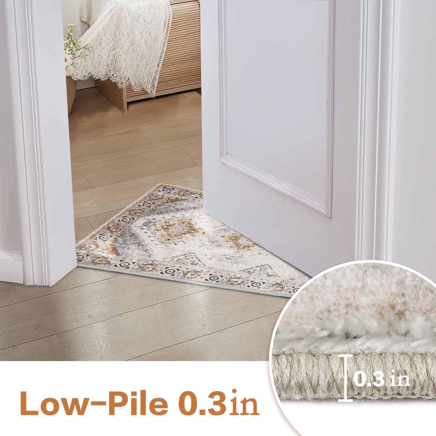 COMSLE Area Rug 2x4 Faux Wool Throw Rug for Entryway, Boho Washable Small Rugs Non-Slip Distressed Carpet Soft Accent Floor Rug for Indoor Entrance, Bedroom, Living Room, Kitchen (Khaki)