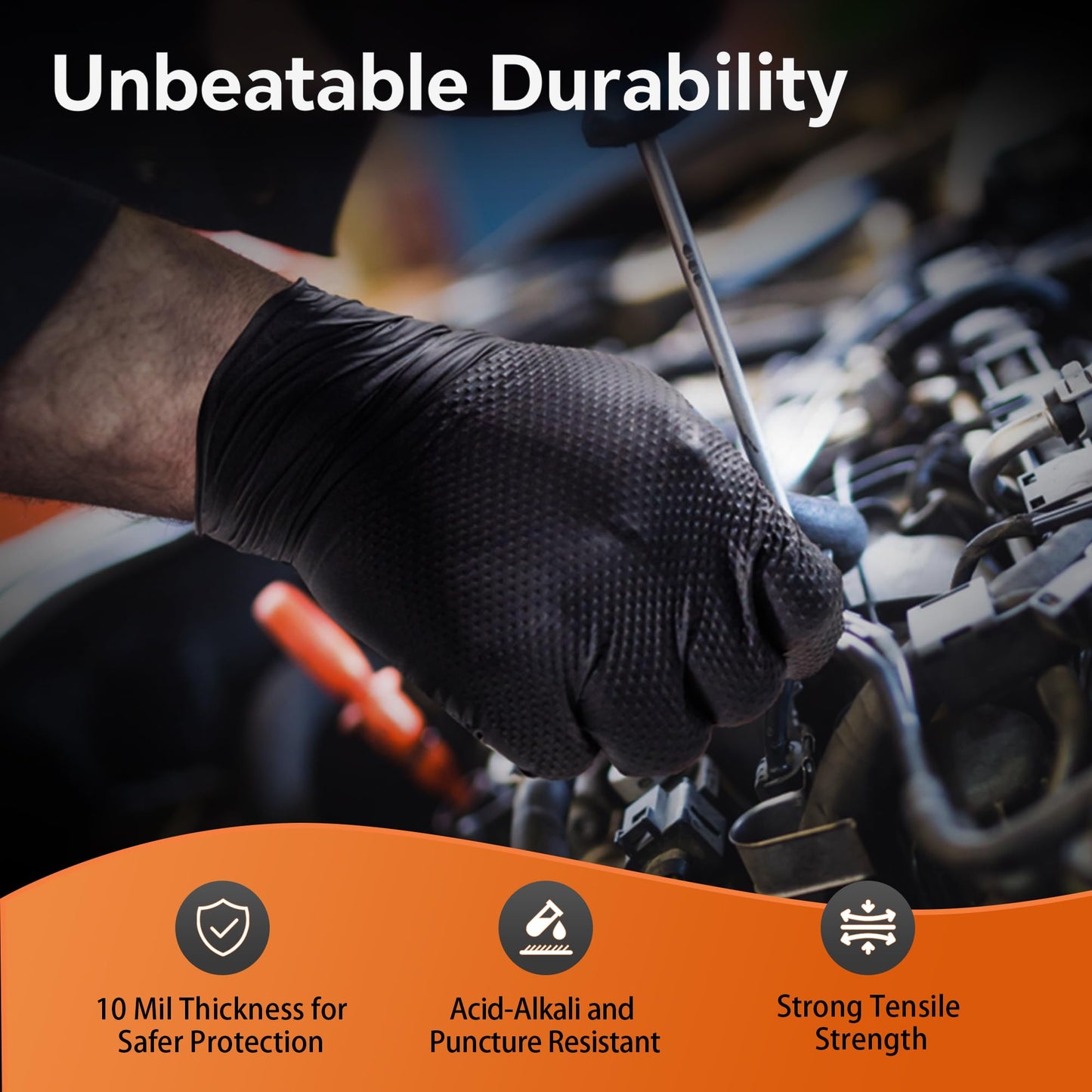 UYKKE 10mil Nitrile Gloves Thick,Industrial Disposable Gloves with Diamond Textured,Heavy Duty Mechanic Glove,Latex Free (100, Large)