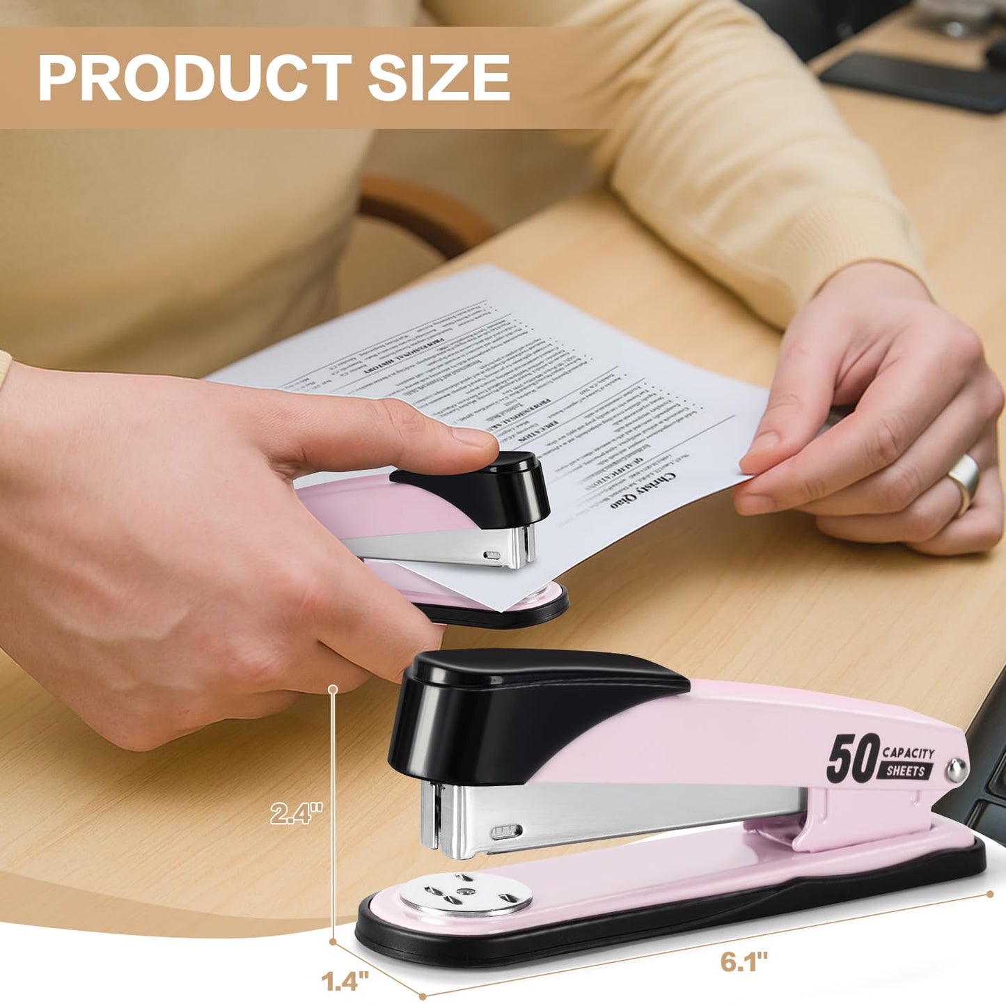 Deli Stapler Heavy Duty, Full Strip Staplers for Desk with 2000 Staples and Staple Remover, 50 Sheet Capacity, No Jam, Non-Slip Office Stapler with Staples for Office, Classroom, Pink