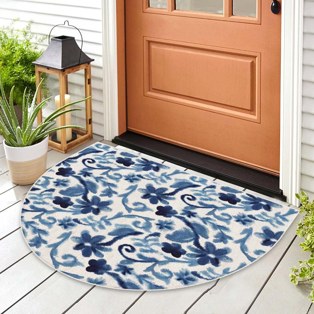 Mrcrypos Half Round Rugs Blue Small Flower Branches Non-Slip Semi Circle Area Rug Blue Flower Semi Circle Rug for Bedroom Bathroom Balcony Laundry Garage Holiday Decorative 24 X 36 Inch