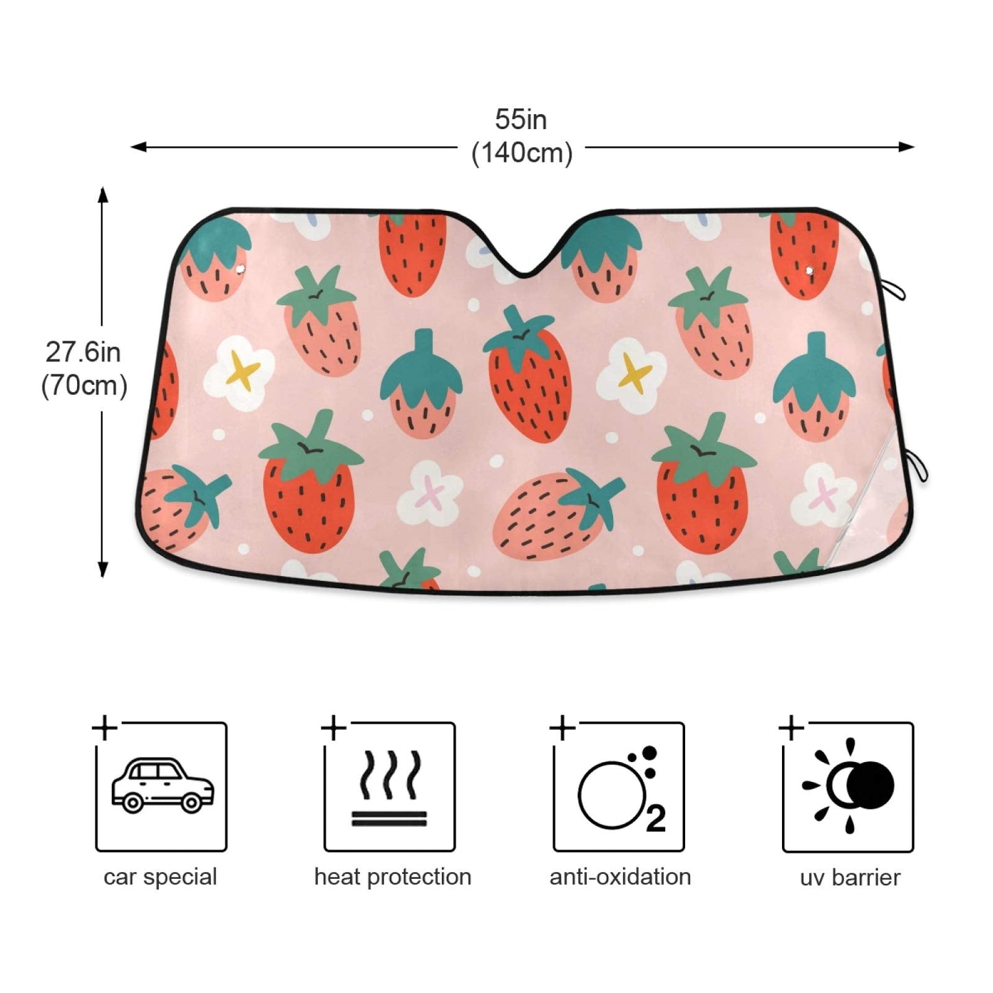 Qilmy Front Windshield Sun Shade Cute Hand Drawn Summer Berries Strawberries Folding Sun Shield Shade, Blocks UV Ray to Keep Your Vehicle CoolSun Visor Protector for Fits Car Truck SUV 55"x27.6"