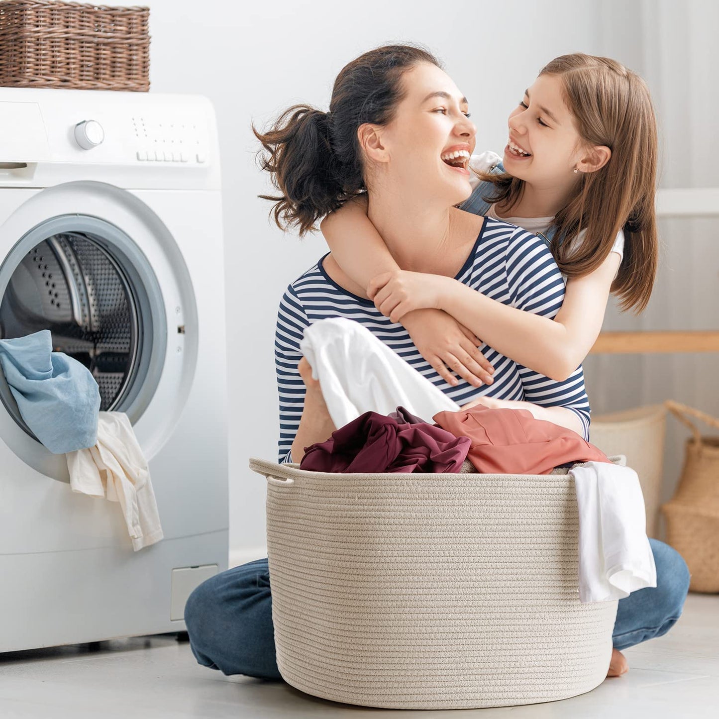 Maliton Extra Large Blanket Basket, Big Woven Cotton Rope Bin for Toys Towels, Pillow Basket with Handles, 22" x 22" x 14" Nursery Laundry Hamper, White Large Storage