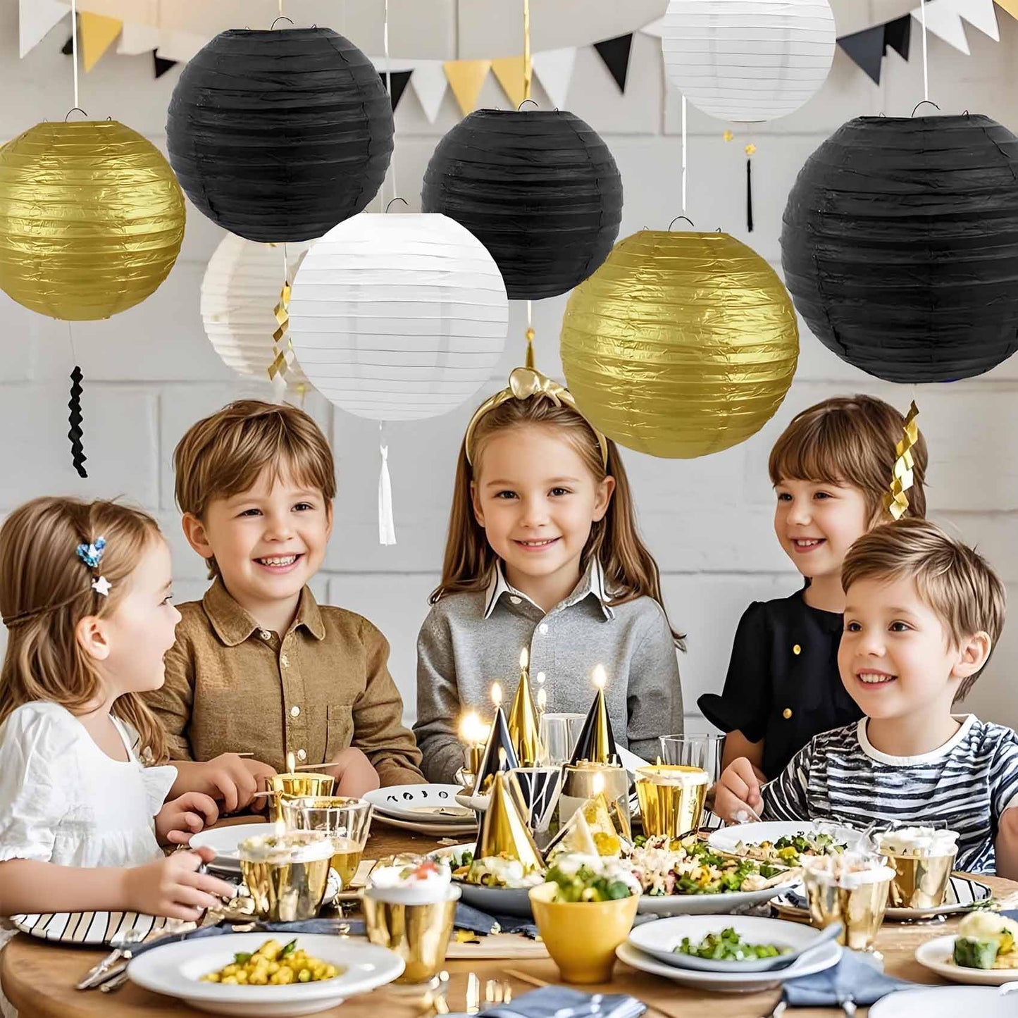 KUNYYI Black-Gold and White Paper Lanterns 12Pcs Hanging Lanterns for Birthday Party, Wedding, Home Decor, Baby Shower Festive Decoration
