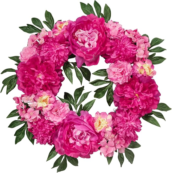 Wreaths for Front Door, WELL KNOWN Flowering Fall Wreath for Front Door, Silk Peony Wreath as Front Door Decor, Hot Pink Wall Hanging Home Party Wedding Shop Hotel Office Decor Gift
