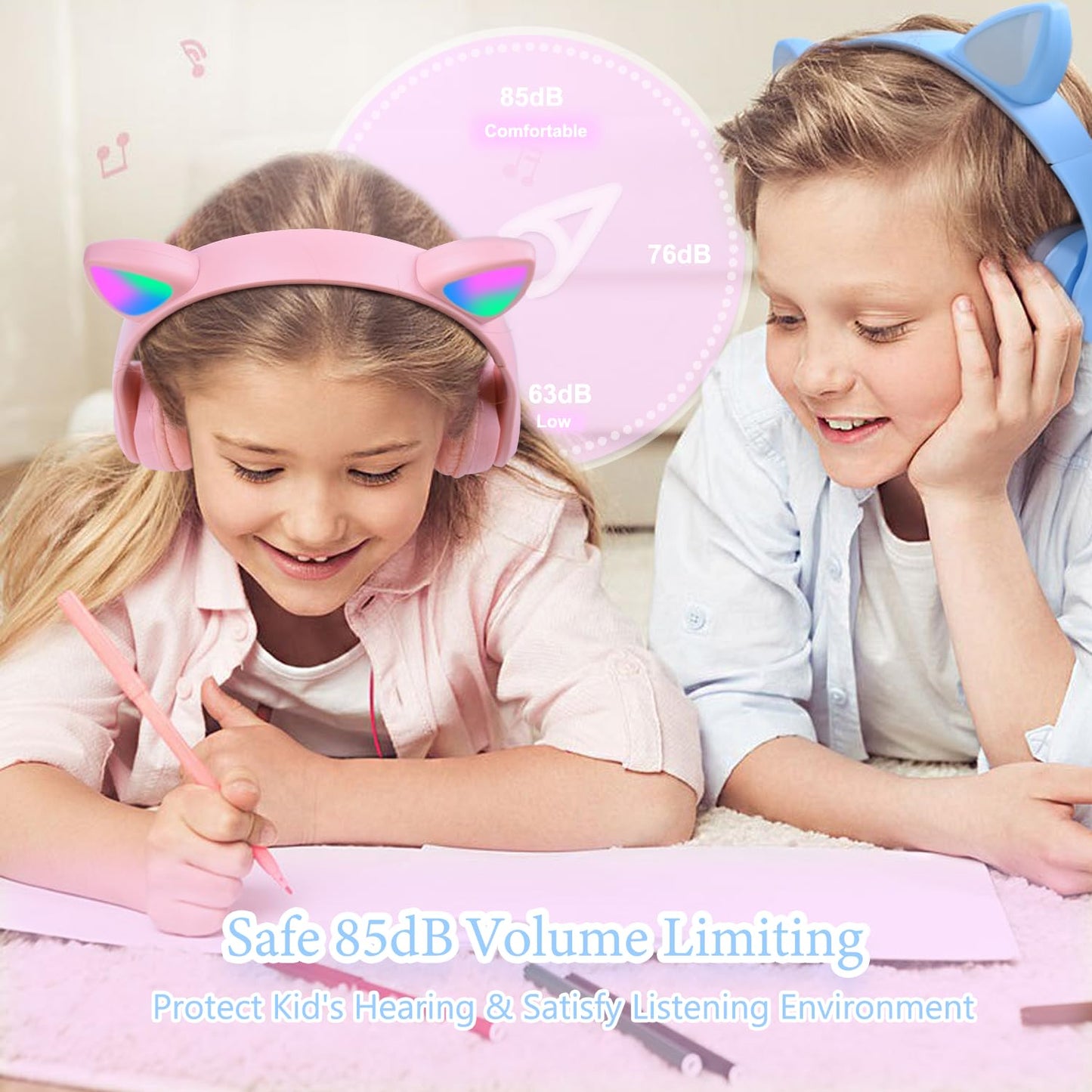 Megadream Kids Wireless Headphones, Bluetooth Over Ear Headphones with Microphone, Cat Ear LED Light Child Headset TF Card/Wired Foldable Earphones for Girls Boys Gift Age 7+ (Pink)