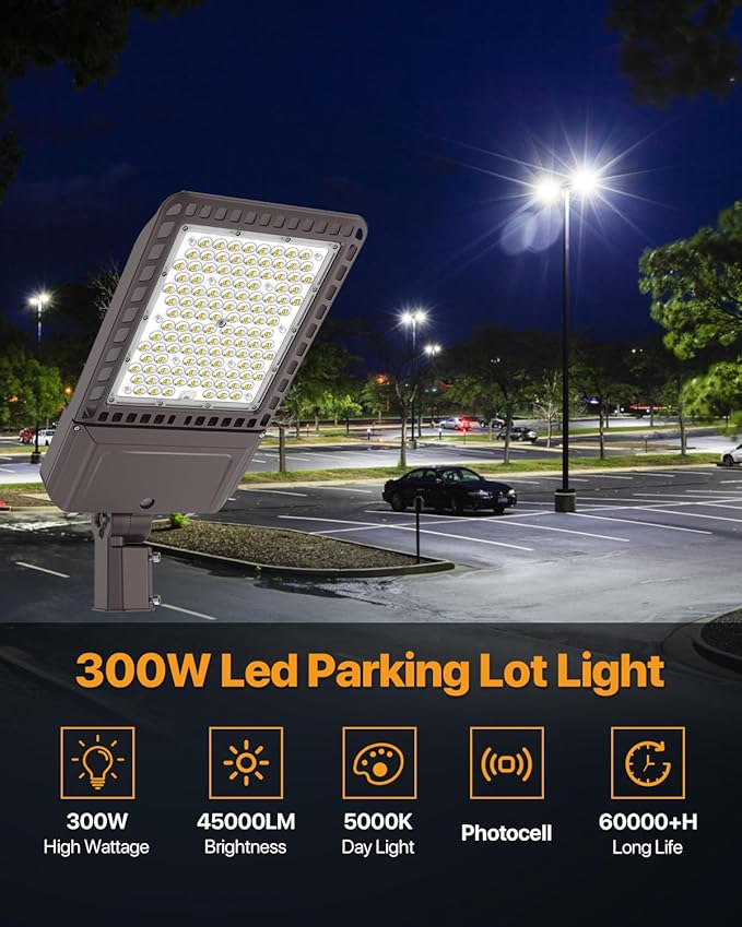 Parking Lot Light 300W 45,000LM Slip Fitter Led Street Pole Light with Dusk-to-Dawn Photocell 5000K 100-277V IP65 Waterproof Commercial Area Lighting for Parking Lot, Roadways