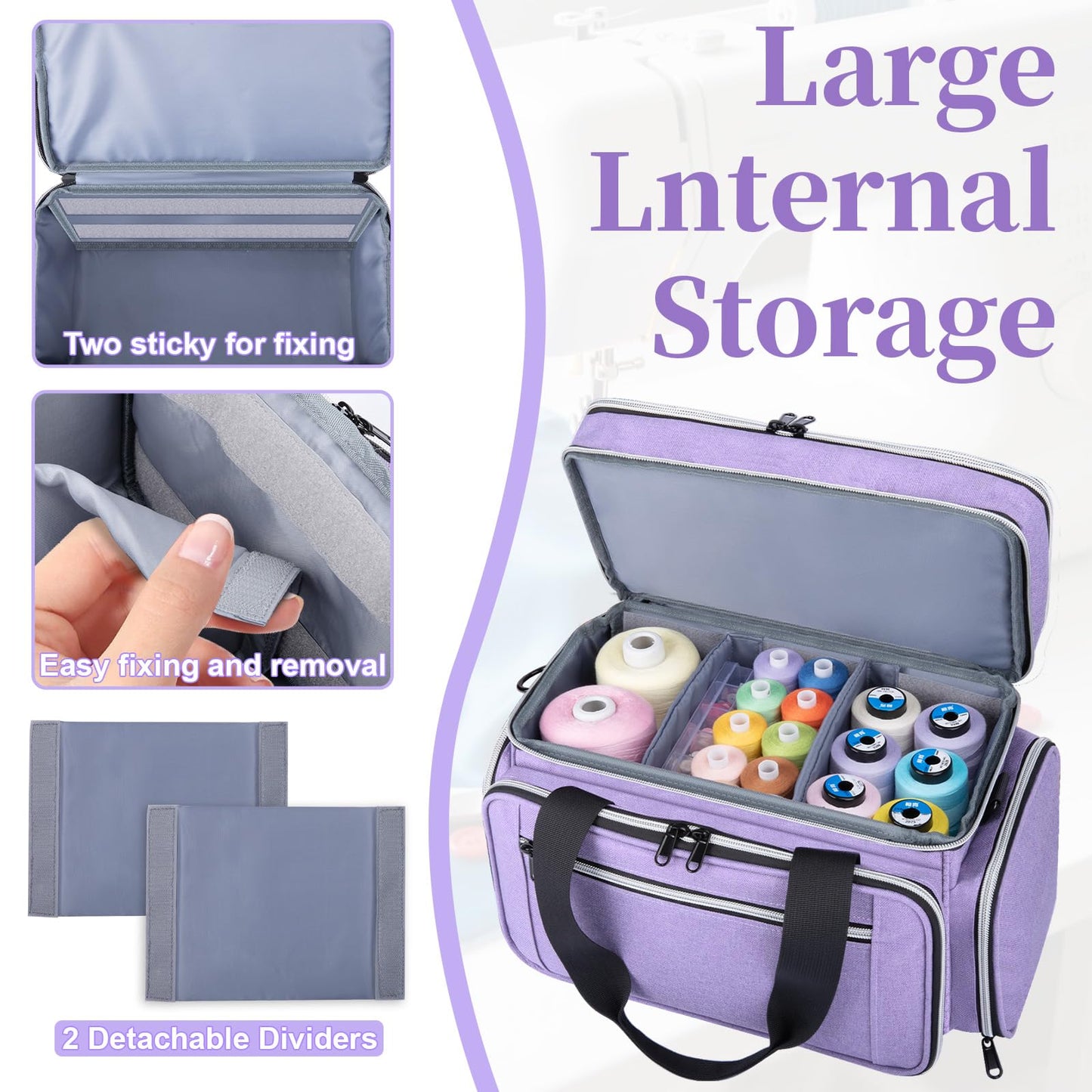 Anitor Large Sewing Supplies Organizer, Double Layer Sewing Storage Organizer with Two Detachable Dividers, Travel Sewing Bag Organizer with Shoulder Strap for Accessories, Pale Purple, (Bag Only)