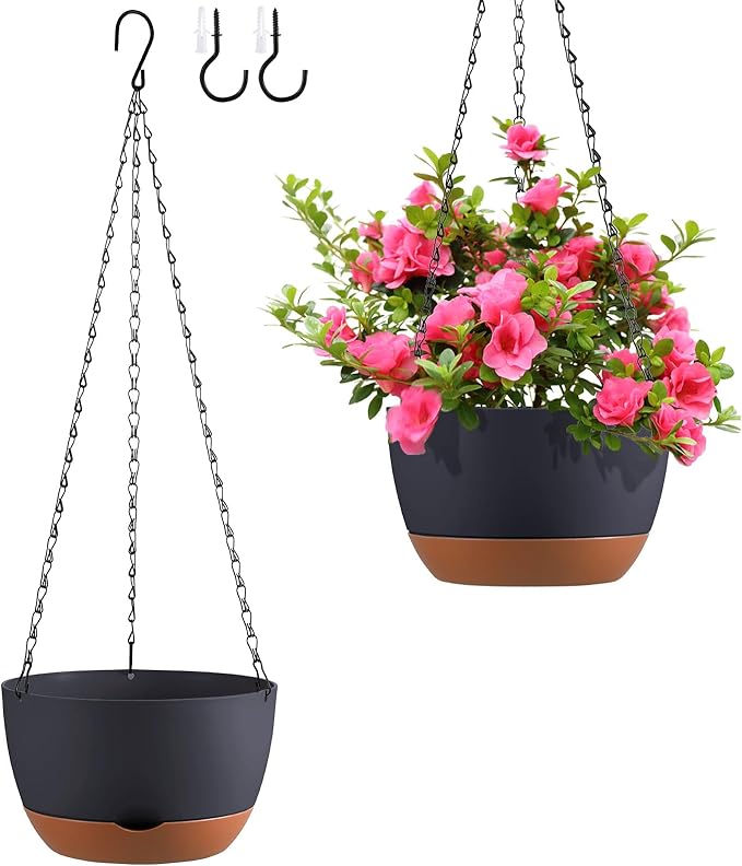 Set of 2 10 Inch Self Watering Hanging Planters for Indoor Outdoor Plants, Color Blocking Hanging Baskets Flower Pots with Drainage Hole & Removable Water-Storage Tray and 20" Chain Hanger
