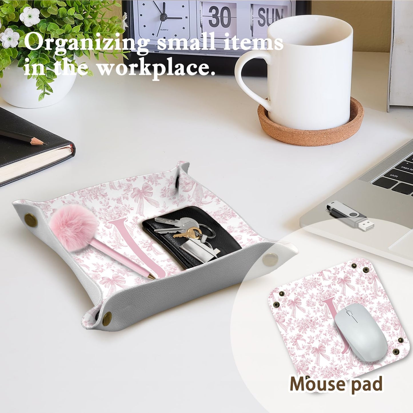 Dilemat Gifts for Women Initial Valet Tray,Pink Bow Personalized Gifts for Women Mom Grandma Girlfriend,Nightstand Desk Accessories PU Leather Tray Organizer for Birthday Christmas Gift Ideas (J)