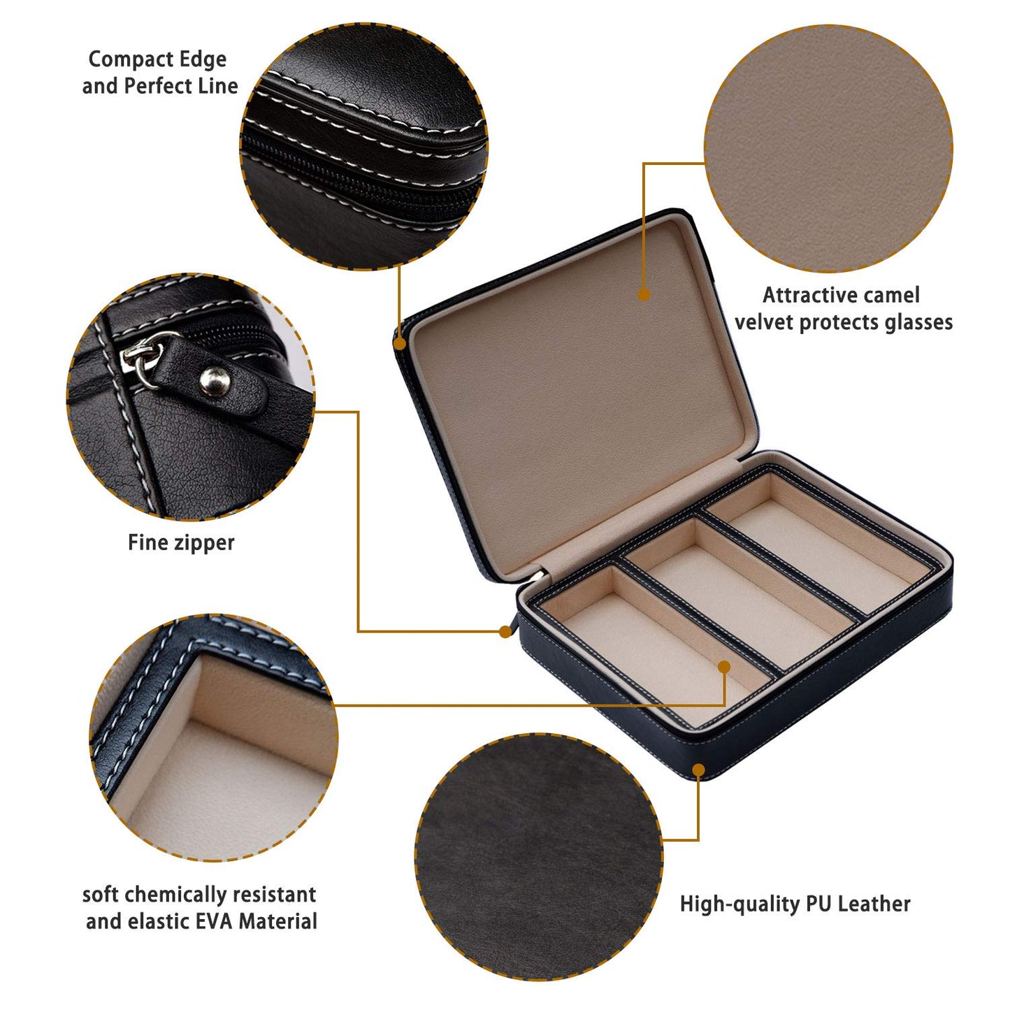 Beaufort 3 Slots PU Leather Eyeglasses Storage Box Sunglasses Box Jewelry Display Case Watch Box for Women Men