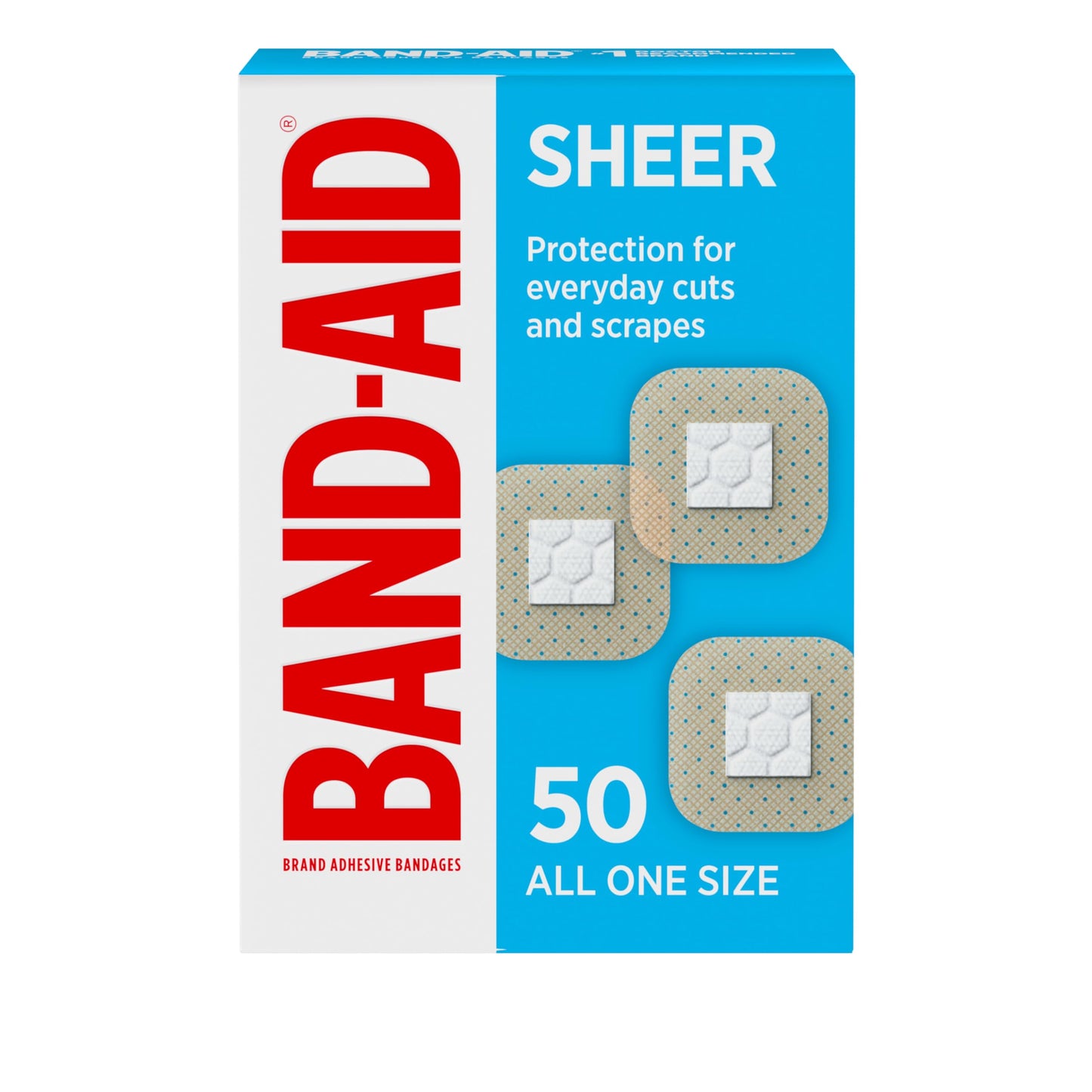 BAND-AID Brand Sheer Spot Square Adhesive Bandages, Lightweight Protection & Sterile Discreet Wound Care for Minor Cuts & Scrapes, Small Spot Bandages, First Aid Kit Essential, All One Size, 50 Count