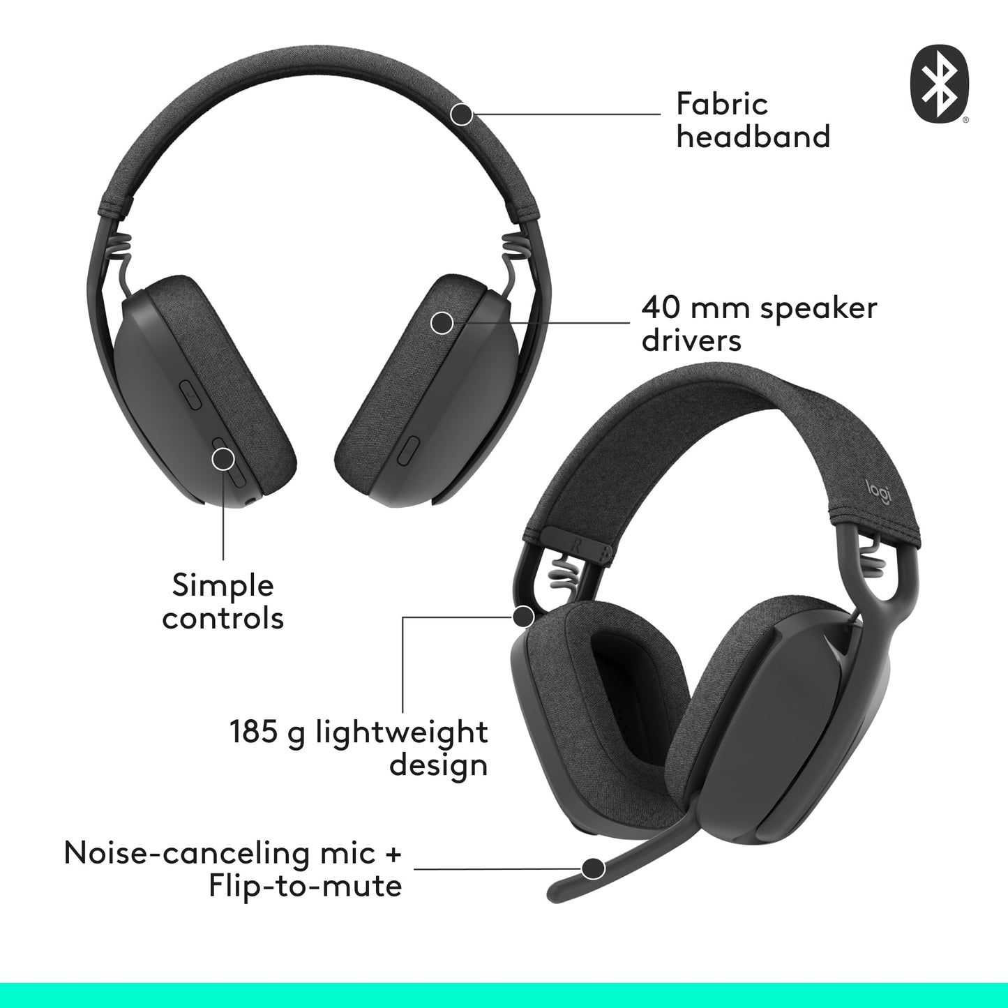 Logitech Zone Vibe 100 Lightweight Wireless Over Ear Headphones with Noise Canceling Microphone, Advanced Multipoint Bluetooth Headset, Works with Teams, Google Meet, Zoom, Mac/PC - Graphite