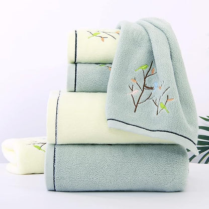 Pidada Bath Towel Embroidered Bird Tree Pattern 100% Cotton Soft Absorbent