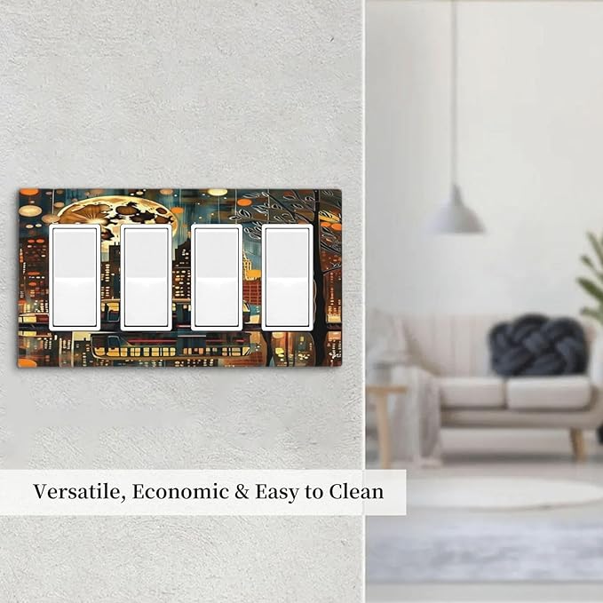 City Light Moon Bus Abstract Art Light Switch Cover 4 Gang Rocker Decora Outlet Covers Wall Plate Decorative Switchplate Electrical Faceplate GFCI for Farmhouse Living Bedroom Decor
