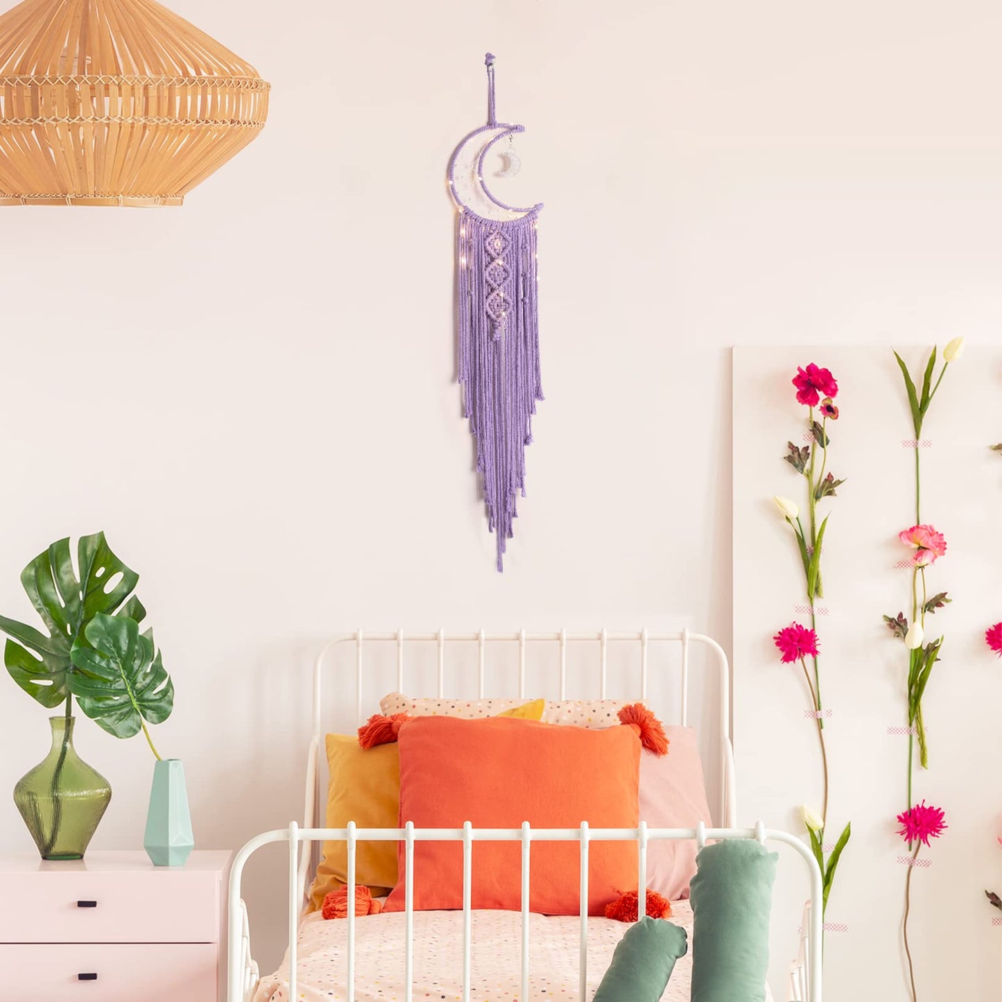 Macrame Moon Dream Catcher for Girl, Purple Boho Crescent Dreamcatcher for Bedroom, Handmade Nursery Room Wall Hanging with Star Pendant for Teen Boy, Bohemian Home Decoration Idea