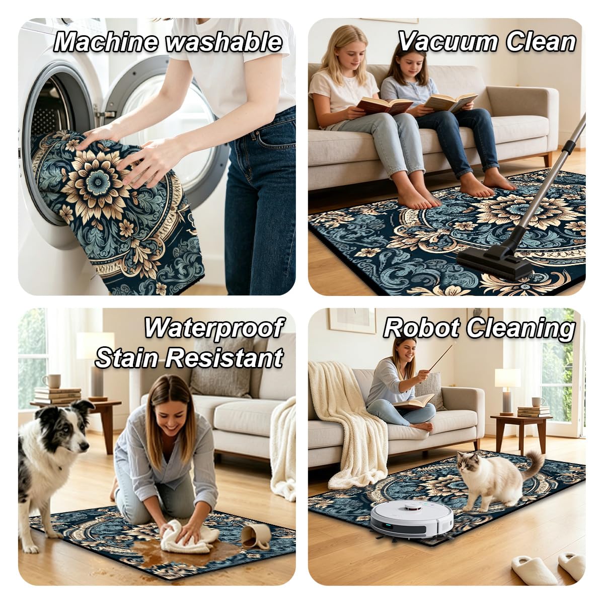 Washable Corridor Runner Rug, Non-Slip Hallway Rug with Upgrade Rubber Backing, Stain Resistant Faux Wool Distressed Carpet for Bedroom Kitchen Laundry Corridor Balcony (Navy Blue‌, 35.4" x 23.6")