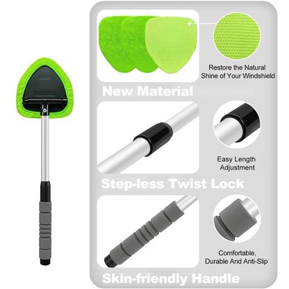 XINDELL Windshield Cleaner Tool – Upgrade Large Head Car Interior&Exterior Window Cleaning Kit with Extendable Handle & 4 Microfiber Pads, Auto Wiper Brush for Car, Trucks, SUVs, RVs & Home Windows
