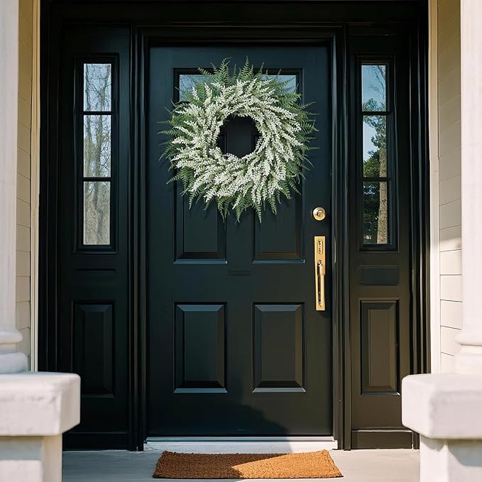 26'' Lavender and Boston Ferns Wreath for Front Door - Large Artificial Greenery Outdoor Wreath for Porch,Window,Farmhouse,Home,Hanging Decor- Spring, Summer, All Seasons (White-Green)
