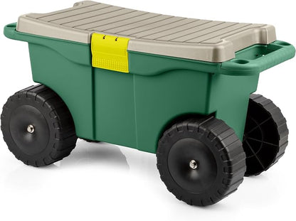 Rolling Garden Cart with Seat - Plastic Storage with Bench and Interior Tool Tray - Gardening Stool for Weeding and Planting By Pure Garden (Green)