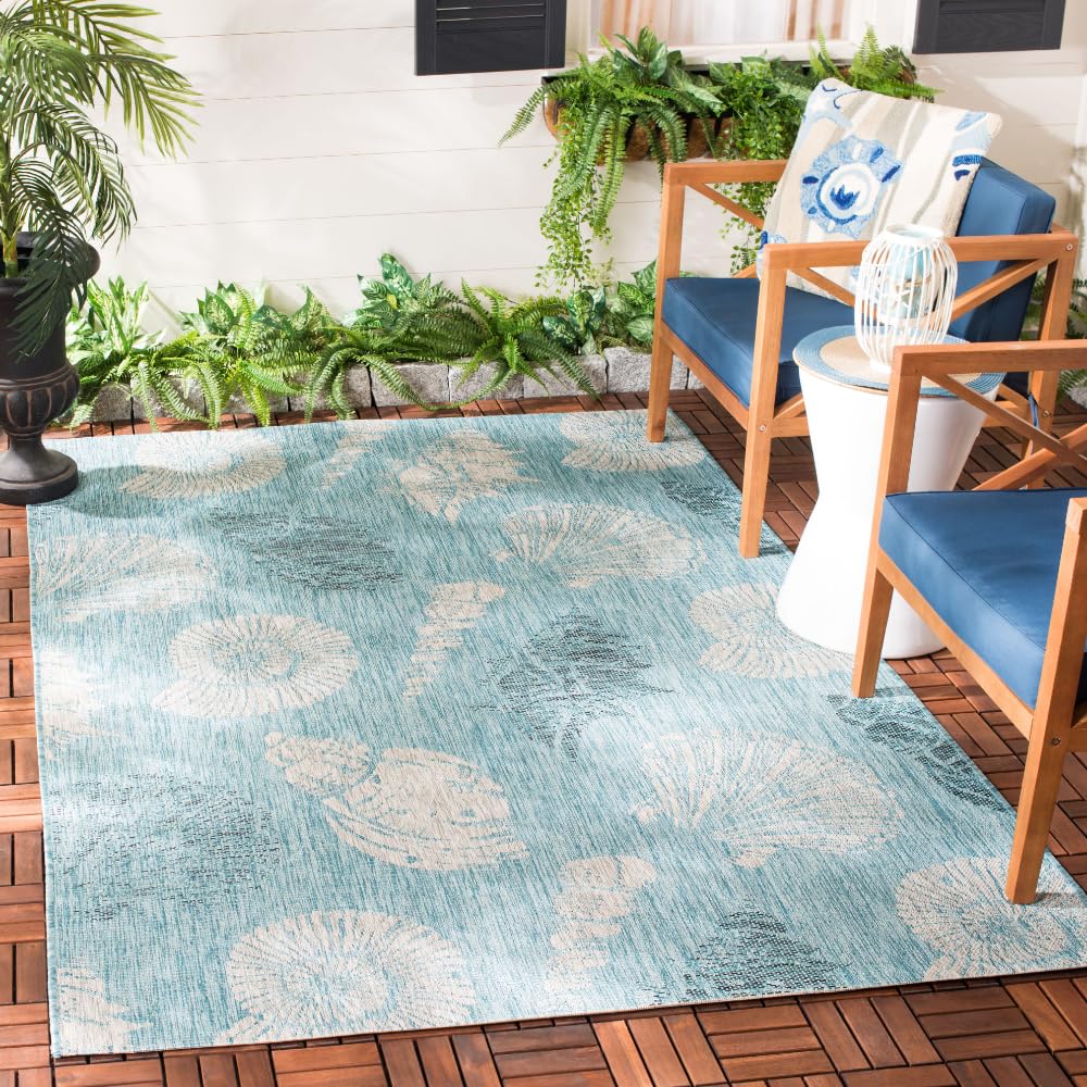 SAFAVIEH Washable Rug Outdoor Courtyard Collection - 5'3" x 7'7", Aqua Blue & Cream, Non-Shedding & Easy Cleaning, Ideal for Patio, Backyard, Mudroom (CY8547-37121)