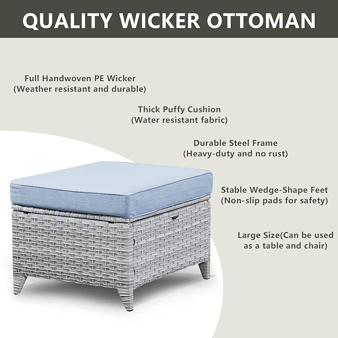 Rilyson Patio Furniture Swivel Chairs Set - 5 Piece Wicker Rattan Outdoor Sectional Conversation Sets with 2 Rocking Swivel Chairs,2 Ottomans and 1 Sofa for Porch Deck Garden(Light Grey/Sky Blue)